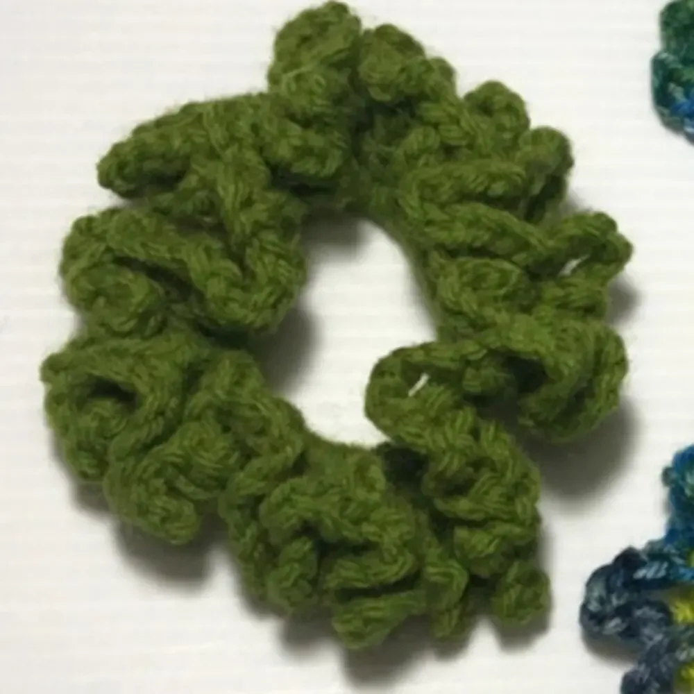 NWT Green Blue Handmade Crocheted Hair Scrunchie Set of 3